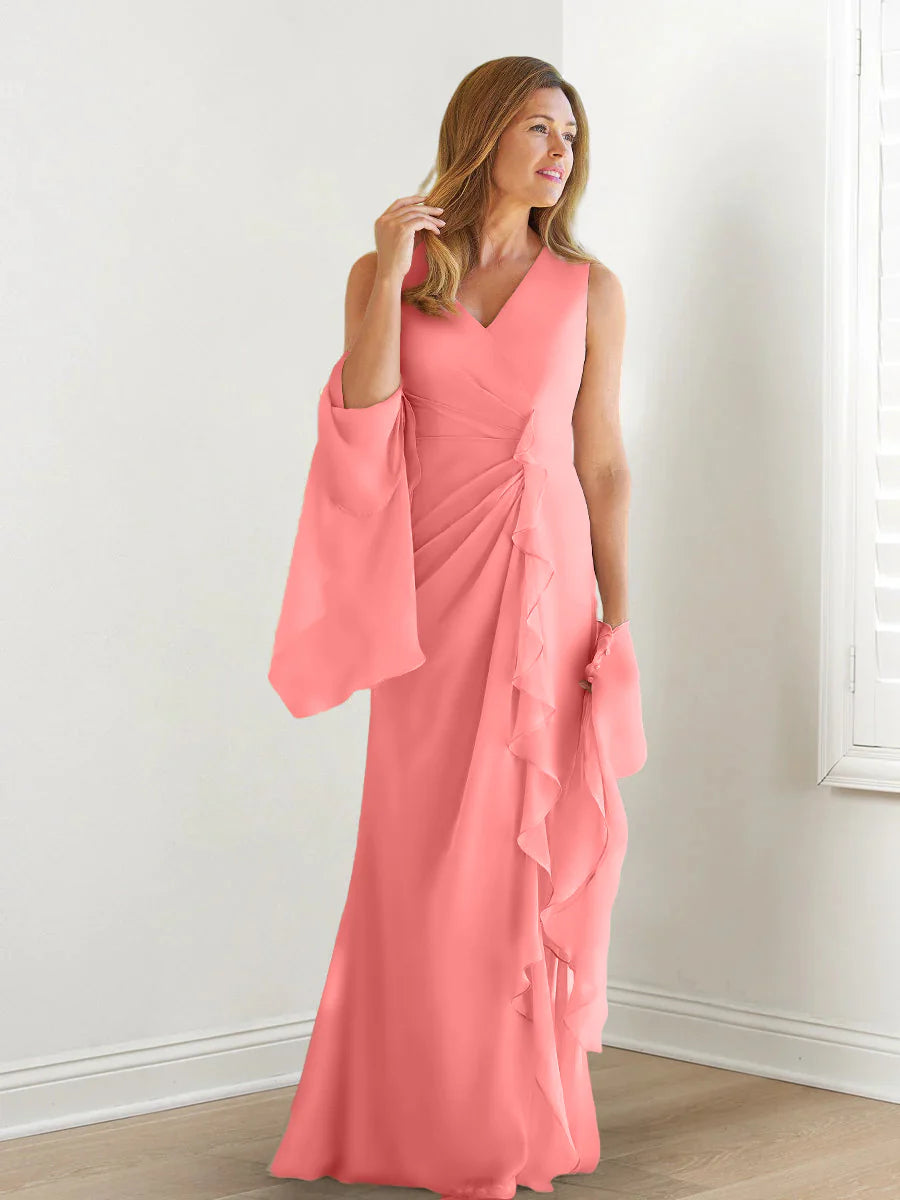 Abito da madre della sposa con body avvolgente/colonna, senza maniche, scollo a V